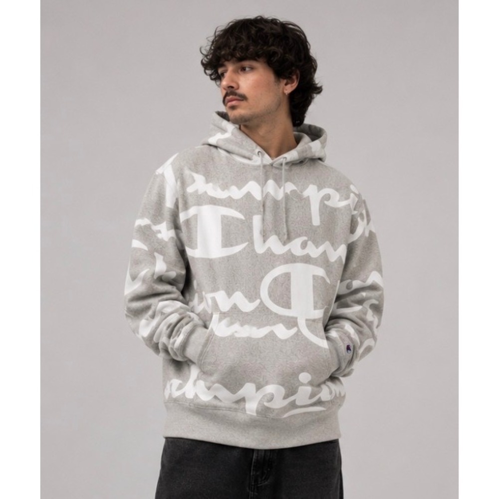 Champion‎ Reverse Weave Hoodie Mens Large Gray All Over Print Script Logo S2974